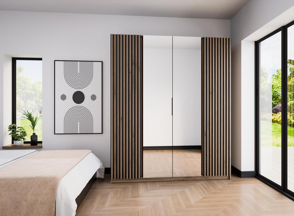 KLEIDERSCHRANK Nehir Korpus Eiche Evoke, Front Schwarz/Eiche Evoke 200 cm - 4T Modern mit Lamellentüren außen und Spiegeln mittig - Eichefarben/Schwarz, Holzwerkstoff/Kunststoff (200/239/61.9cm) - AX Living