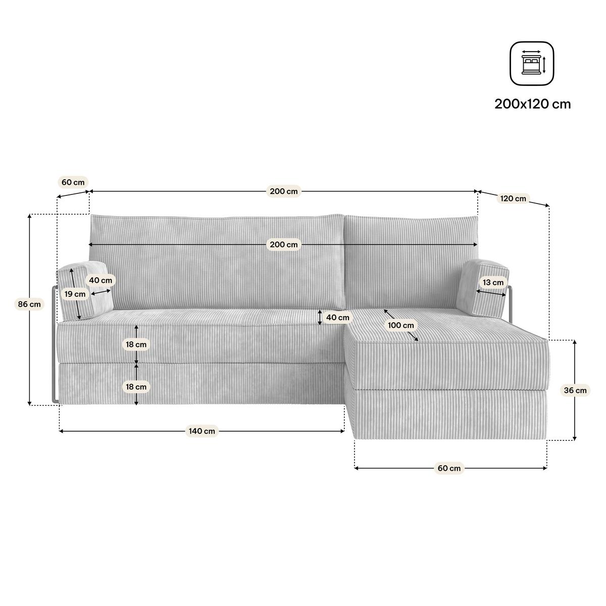 ECKSOFA NOTIA modulares Boneless Sofa mit Schlaffunktion Hellgrau Kordstoff - Hellgrau, Textil (200/120cm) - MASSENO