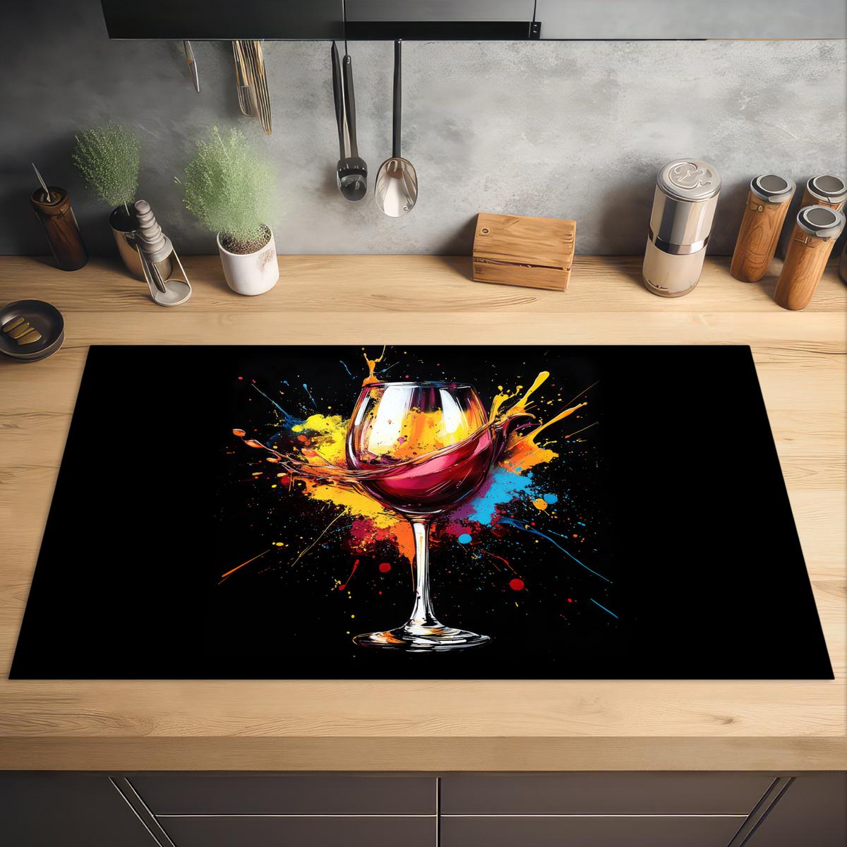HERDABDECKPLATTE Wein - Glas - Graffiti - Getränk - Rot - Farbe Induktionsschutz 91.2x52 cm - Weinrot, Kunststoff (91.2/52/0.2cm) - MuchoWow