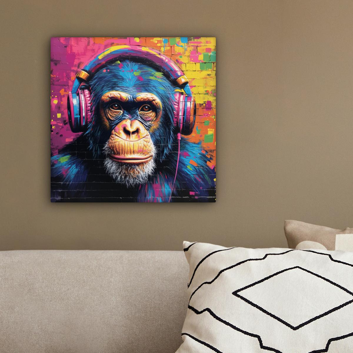 LEINWANDBILD Graffiti - Schimpanse - Straßenkunst - Kopfhörer - Affe Deko Wohnzimmer 20x20 cm - Blau, Textil (20/20cm) - MuchoWow