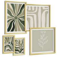 BILDER SET 5er Set - 50x50 cm & 20x30 cm & 40x60 cm Goldrahmen - Pflanzenmuster grüner Minimalismus - Goldfarben, Kunststoff (40/60cm) - TULUP