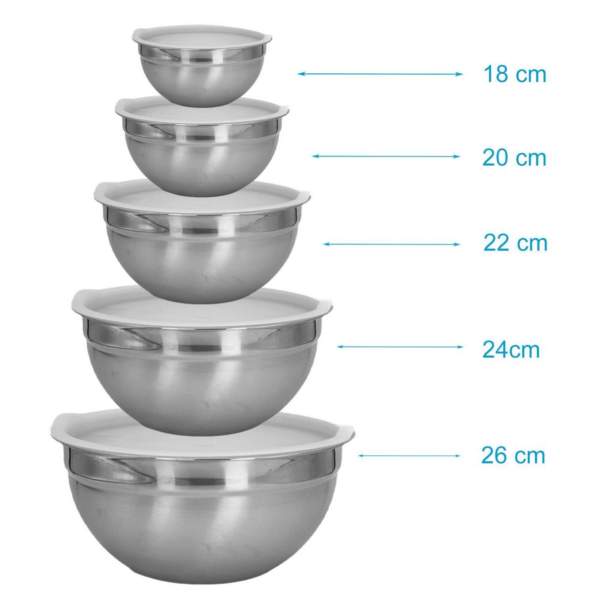 SALAT RÜHRSCHÜSSEL Set mit Deckeln in verschiedenen Größen (5-tlg.) - Silberfarben, Metall (22cm) - Intirilife