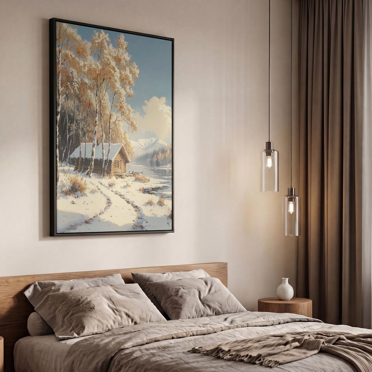 LEINWAND Bilder mit Rahmen - Winter - Schnee - Zuhause - Natur - 60x90 - Hellbraun, Textil (60/90cm) - MuchoWow