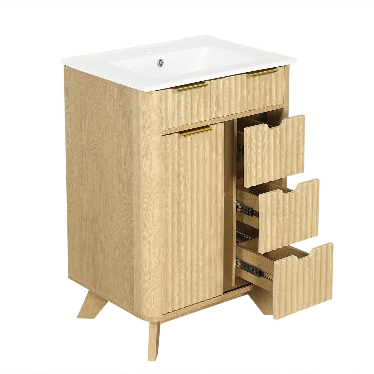 WASCHTISCHUNTERSCHRANK Holzoptik mit Wellenmuster, Schiebetür & 3 Schubladen - Naturfarben, Holzwerkstoff (61/90/47cm) - Urban Meuble