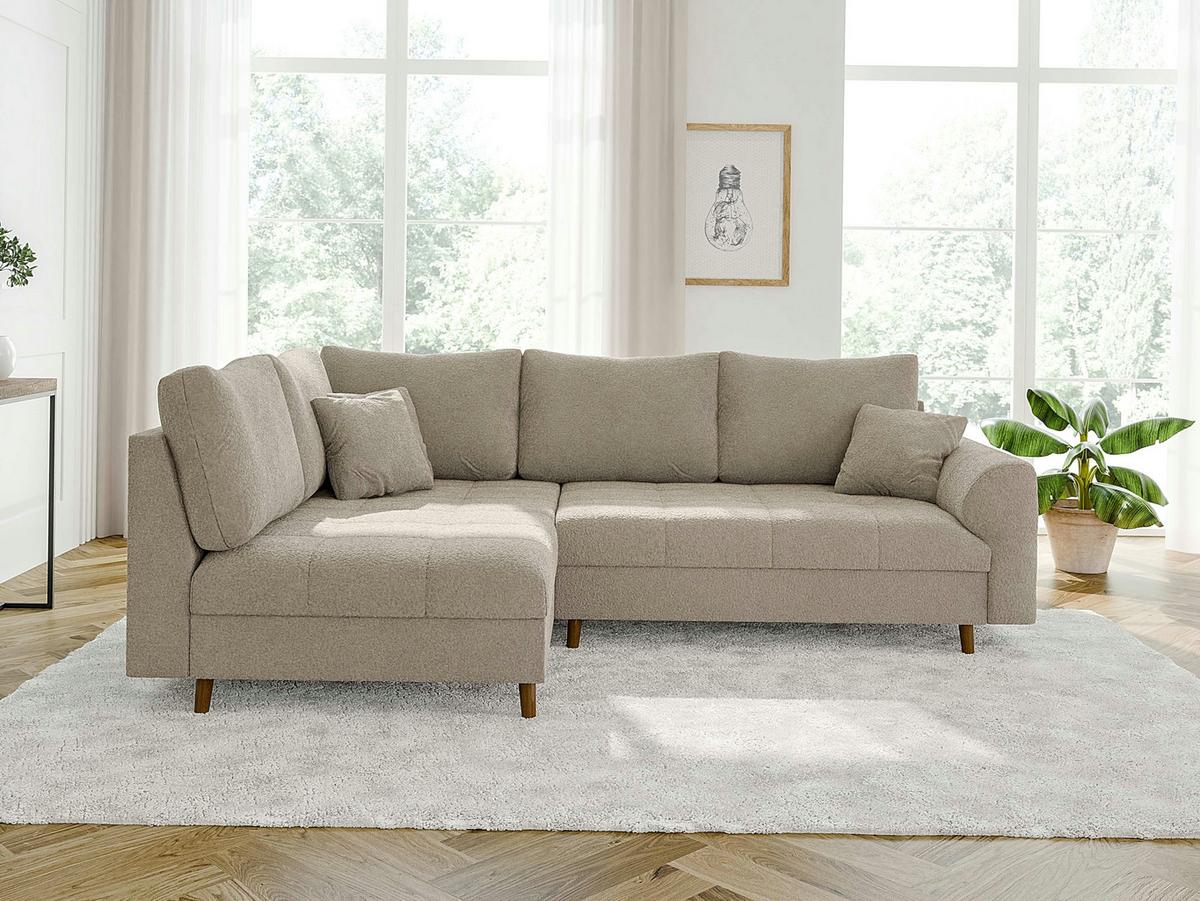 ECKSOFA Henrik Beige Boucle - Ottomane links - Beige/Braun, Holz/Textil (231/161cm) - S-Style Möbel