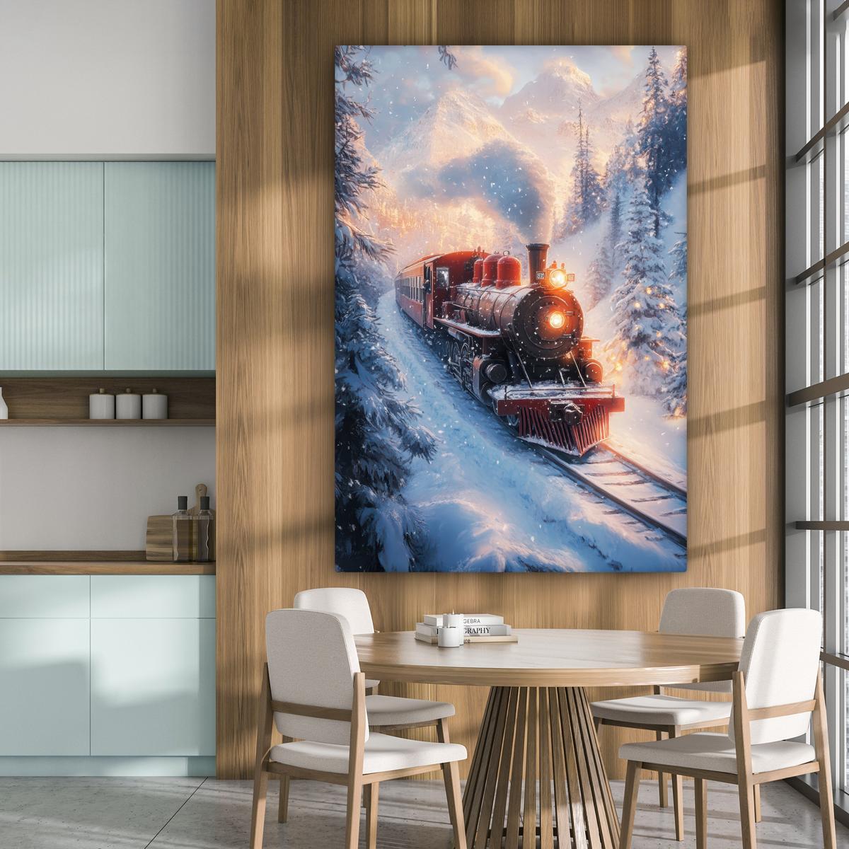 LEINWANDBILD Weihnachtszug - Schnee - Winter - Weihnachten Deko Groß 90x140 cm - Dunkelrot, Textil (90/140cm) - MuchoWow