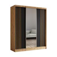 SCHWEBETÜRENSCHRANK NELVIA 180/216/61 cm 3-türig mit Spiegel Eiche Artisan - Schwarz/Eiche Artisan, Holzwerkstoff (180/216/61cm) - MASSENO