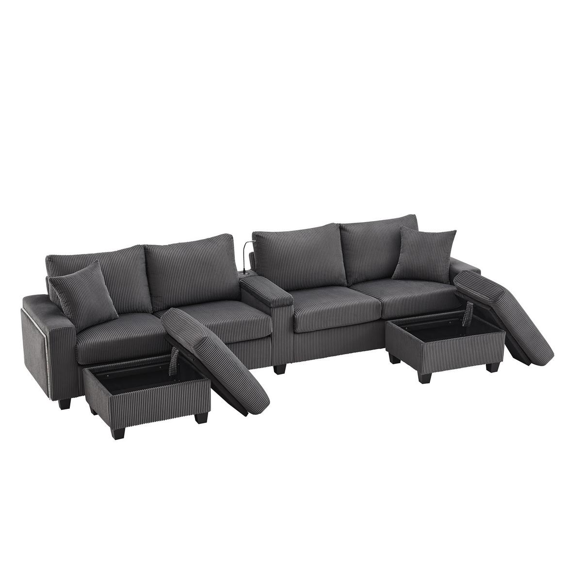 ECKSOFA aus Cord in Grau mit LED-Beleuchtung & smarten USB-Anschlüssen - Grau, Textil (128.5/334cm) - Urban Meuble
