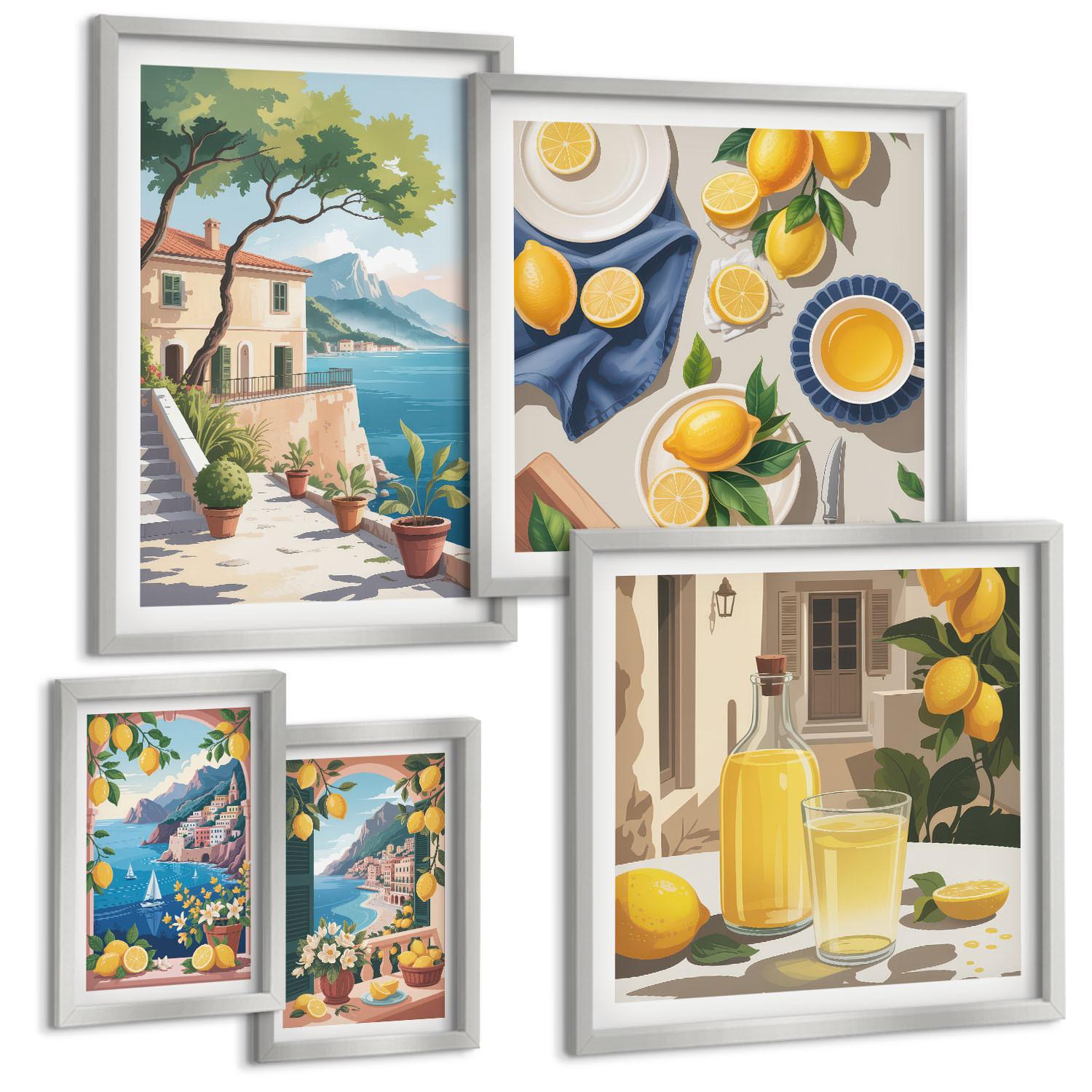 BILDER SET 5er Set - 50x50 cm & 20x30 cm & 40x60 cm Silberner Rahmen - Olivenblüten in Vasen Natur - Silberfarben, Kunststoff (40/60cm) - TULUP
