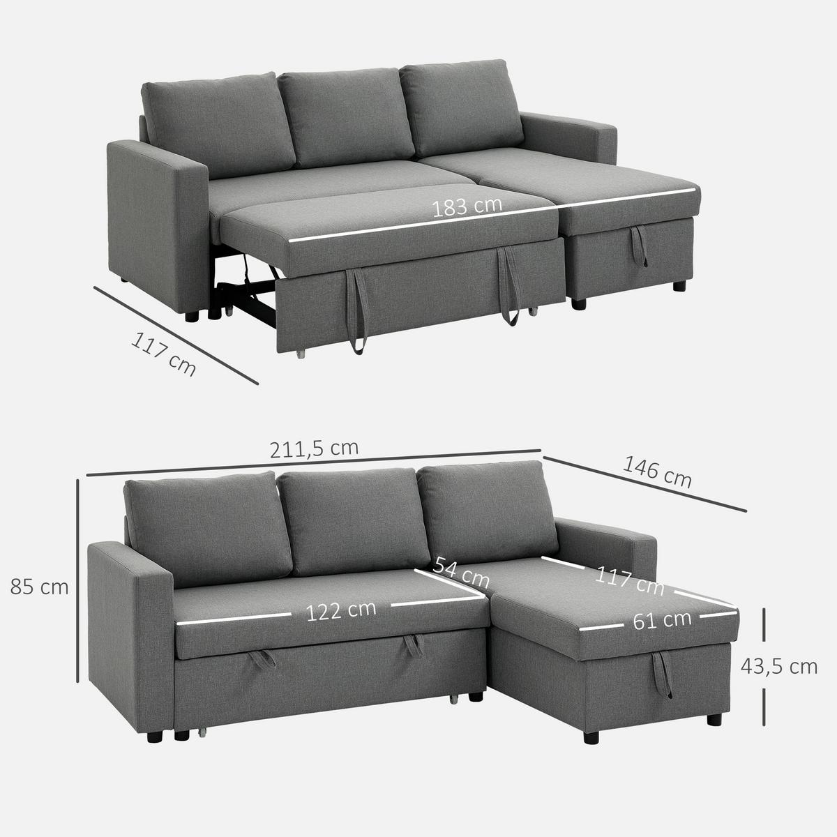 ECKSOFA mit Schlaffunktion Stauraum Eckcouch mit Chaiselongue Schlafsofa L-Form - Hellgrau/Schwarz, Kunststoff/Textil (146/211.5cm) - HOMCOM