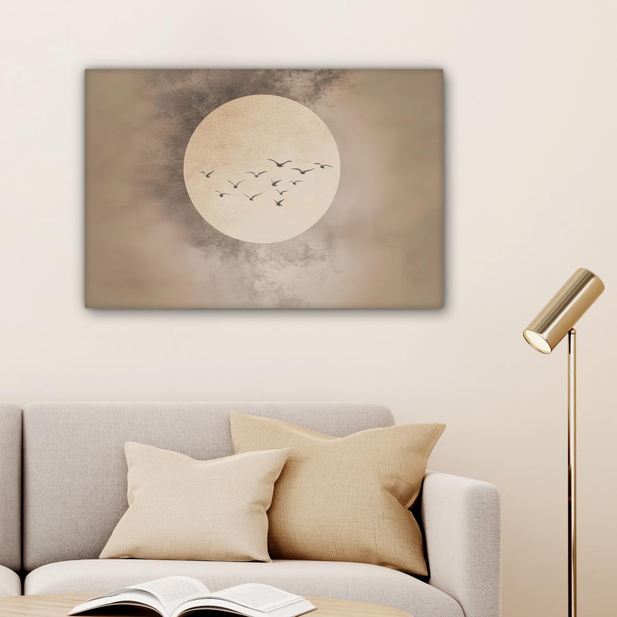 LEINWANDBILD Vogel - Beige - Japanisch Gemälde 60x40 cm - Taupe, Textil (60/40cm) - MuchoWow
