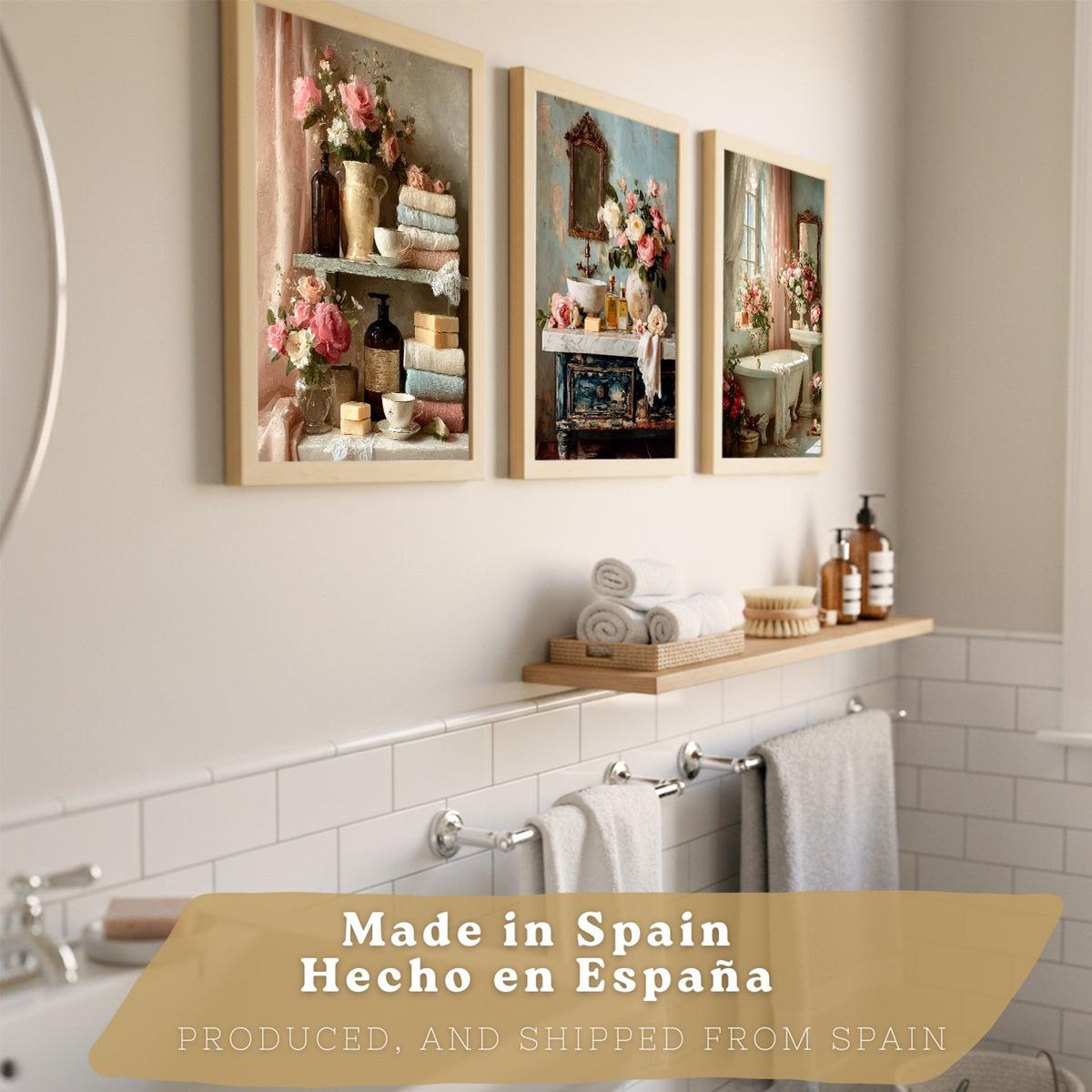 POSTER 3er-Set dekorative Badezimmerdrucke, romantischer Stil, Bilder mit Rosen Badewanne und Parfums, Blumenposter, Leichter Holzrahmen A3 - Beige, Papier (42/29.7/3cm) - Nacnic