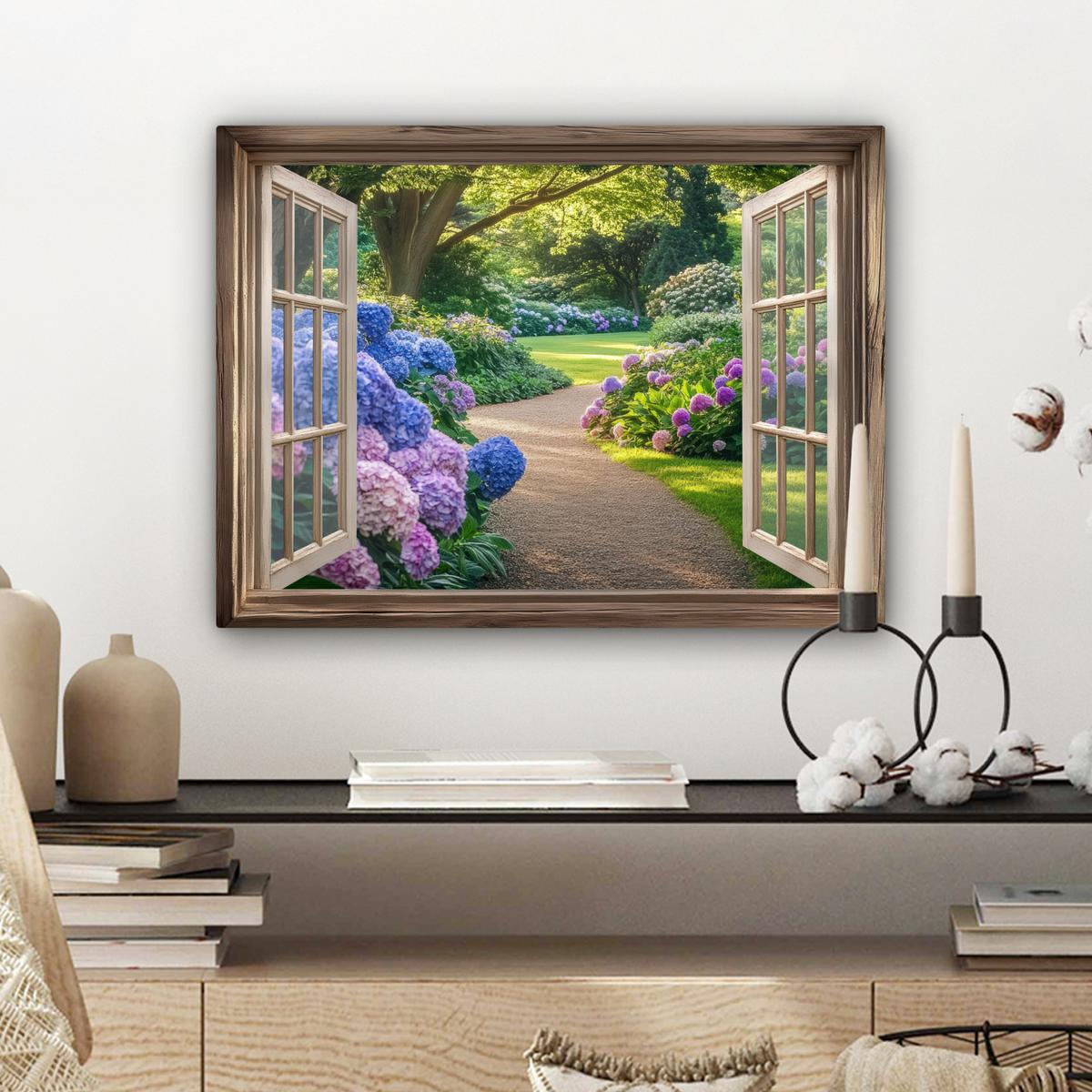 LEINWANDBILD Aussicht - Garten - Fenster - Hortensie - Blumen Wandbild 40x30 cm - Pastellblau, Textil (40/30cm) - MuchoWow