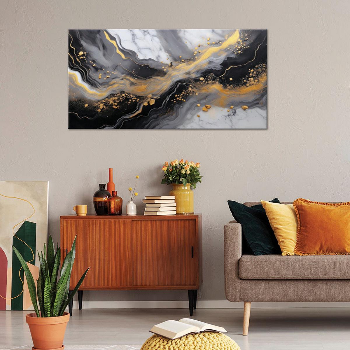 LEINWANDBILD Abstrakter Marmor Gold Schwarz 80x40cm - Schwarz, Textil (80/40cm) - Feeby