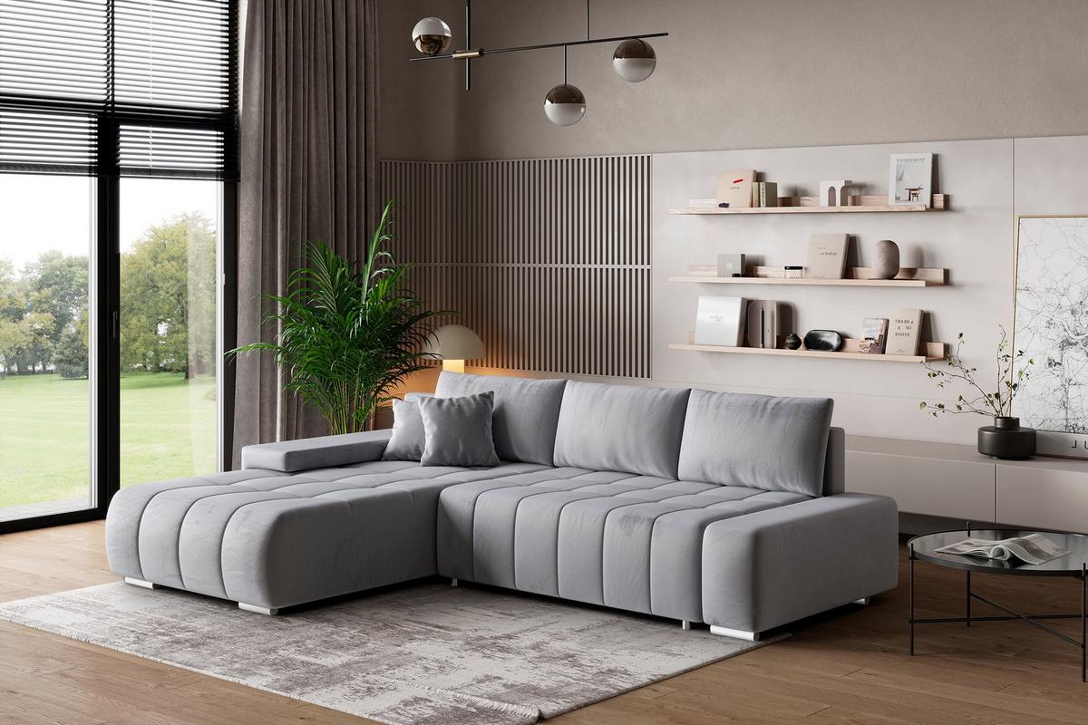 ECKSOFA ALESE L-S Hellgrau Velours-Stoff mit Schlaffunktion - Silberfarben/Hellgrau, Holz/Textil (265/185cm) - MASSENO