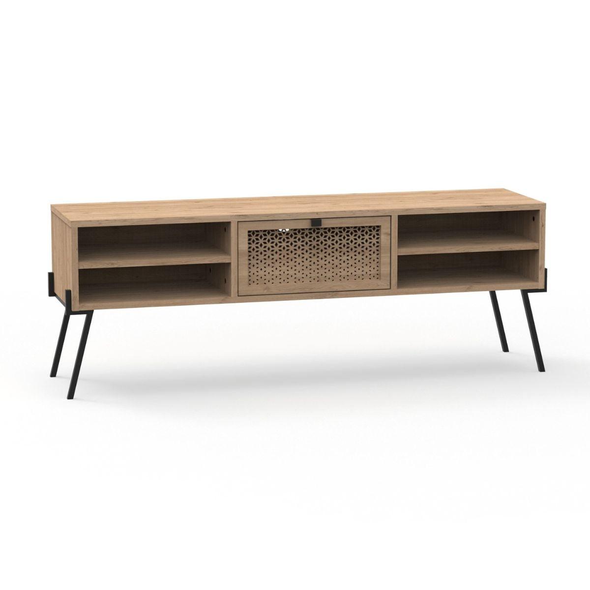 TV-MÖBEL 1 Tür, 4 Fächer und Metallfüße L140 cm - Evan - Eschefarben, Holzwerkstoff (35/51/40.5cm) - Calicosy