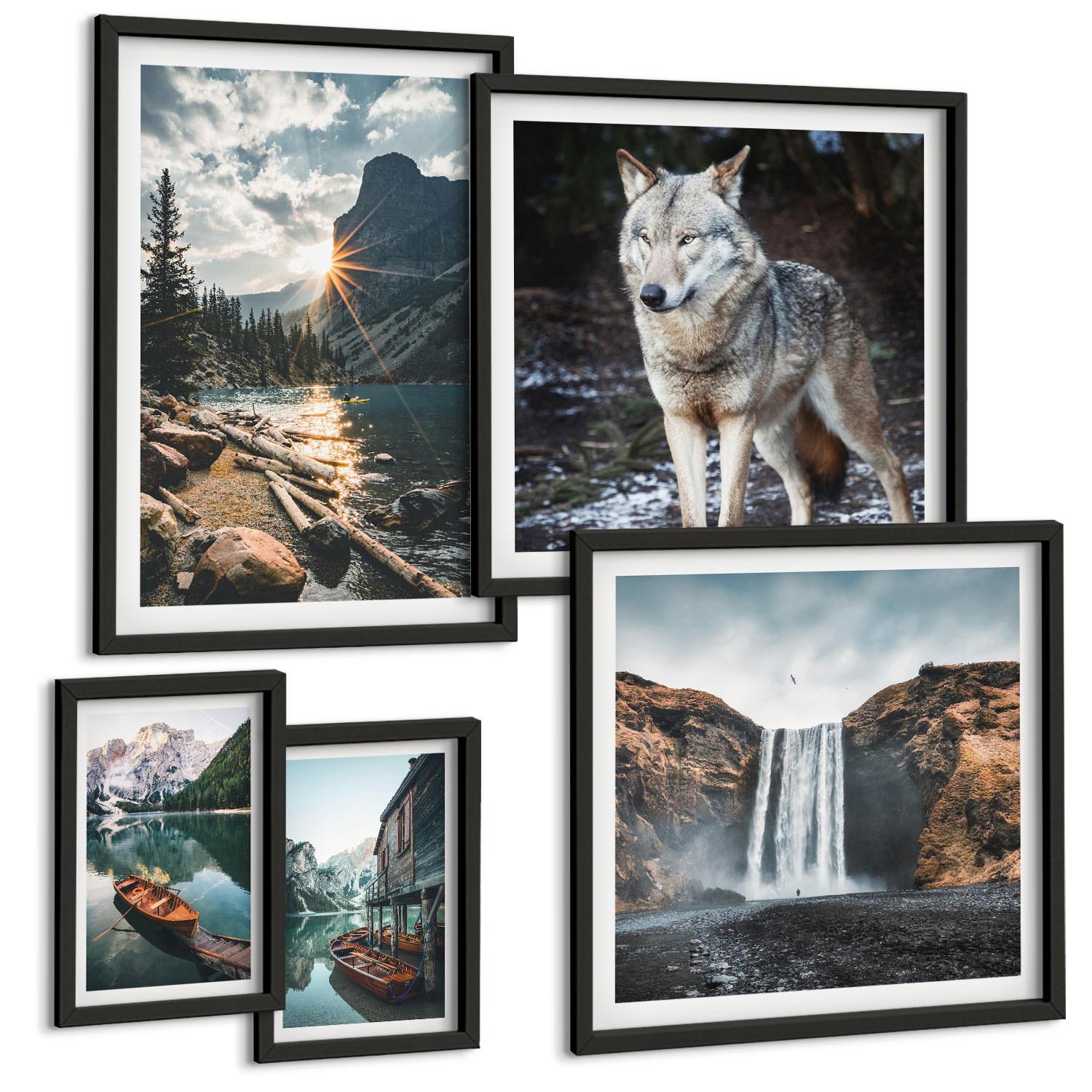 BILDER SET 5er Set - 50x50 cm & 20x30 cm & 40x60 cm Schwarzer Rahmen - Berge, Seen, Wasserfall, Wolf - Schwarz, Kunststoff (40/60cm) - TULUP