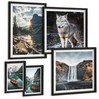 BILDER SET 5er Set - 50x50 cm & 20x30 cm & 40x60 cm Schwarzer Rahmen - Berge, Seen, Wasserfall, Wolf - Schwarz, Kunststoff (40/60cm) - TULUP