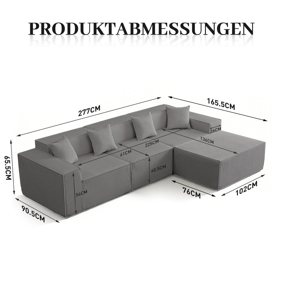 ECKSOFA cordstoff 279 cm flexibles design - Grau, Textil (279/165cm) - Urban Meuble
