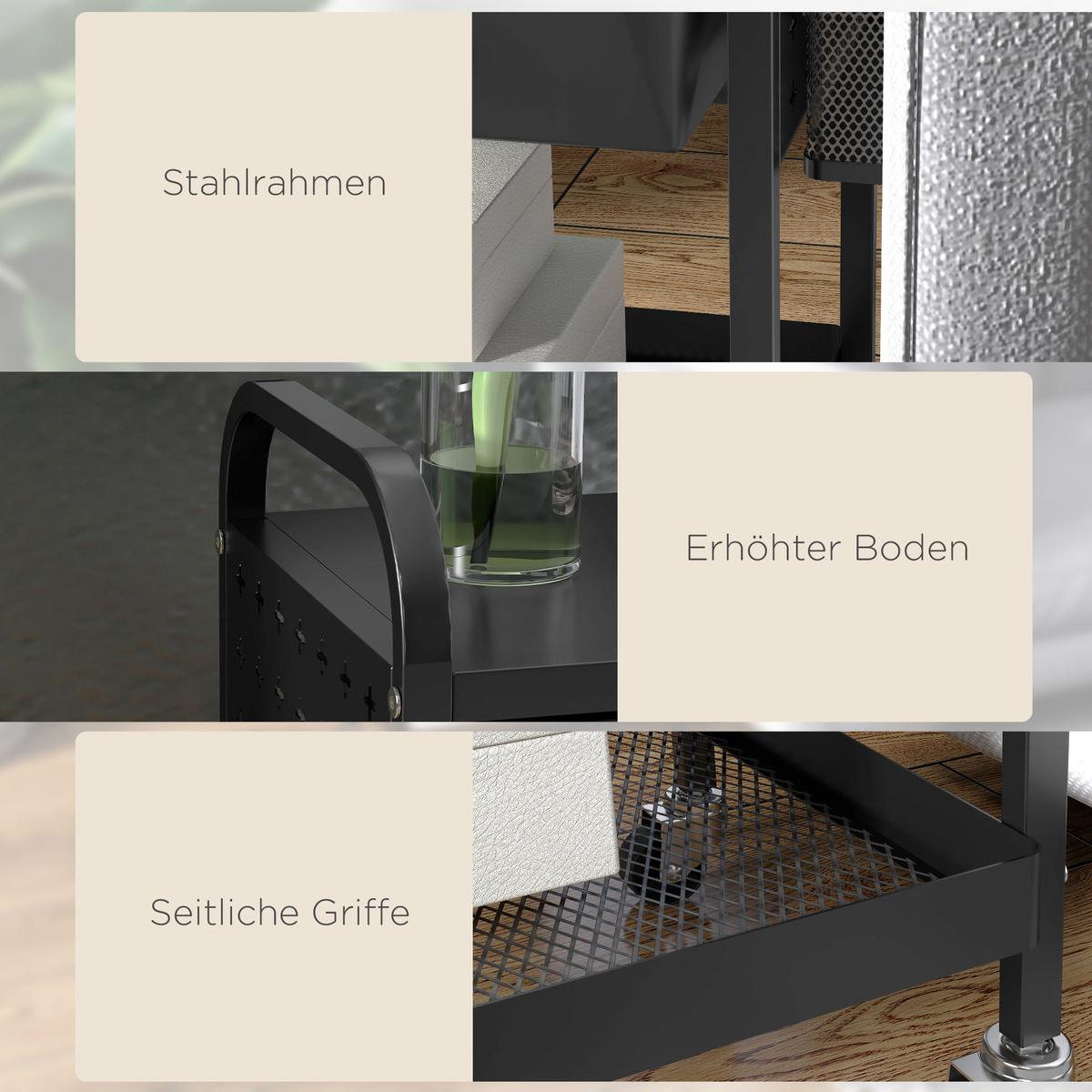 SERVIERWAGEN, Rollwagen, Stahl, Schwarz - Schwarz, Kunststoff (32.6/58.5/61cm) - HOMCOM