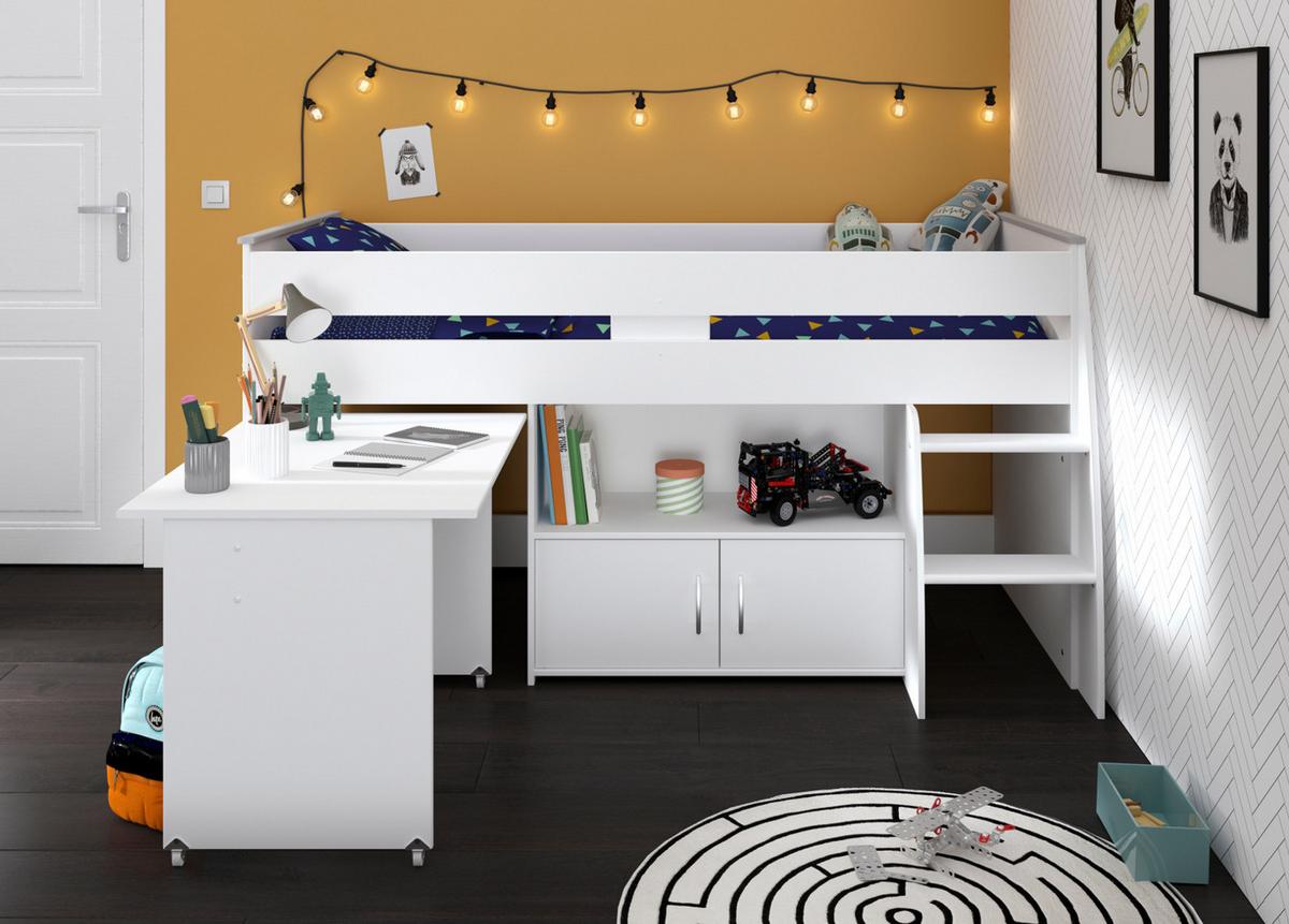 HOCHBETT weiß Jugendzimmer Bett 90 x 200 mit Schreibtisch ausziehbar - Silberfarben/Weiß, Holz/Holzwerkstoff (90/200cm) - Parisot Meuble