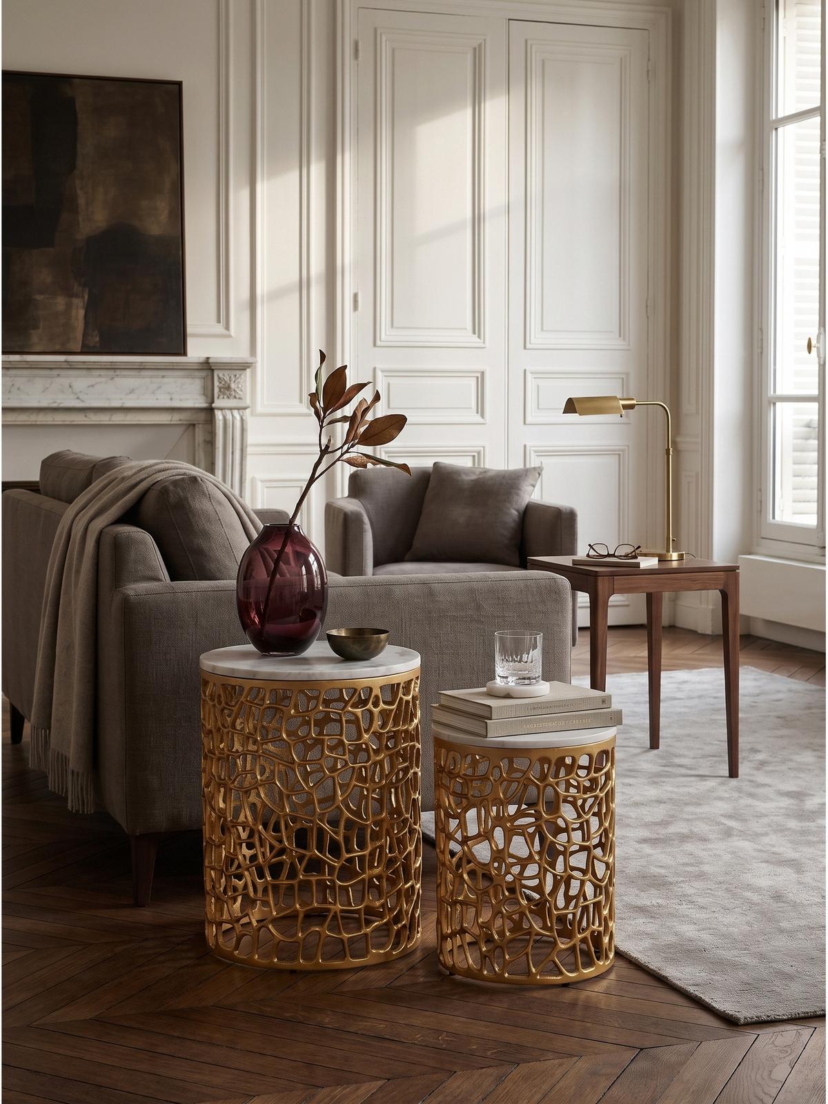 BEISTELLTISCHE 2er-Set ASTLUX, Marmor, Gold-Weiß, Ø 39 x 52,5 cm - Goldfarben, Stein/Metall (39/39/52.5cm) - KADIMA DESIGN