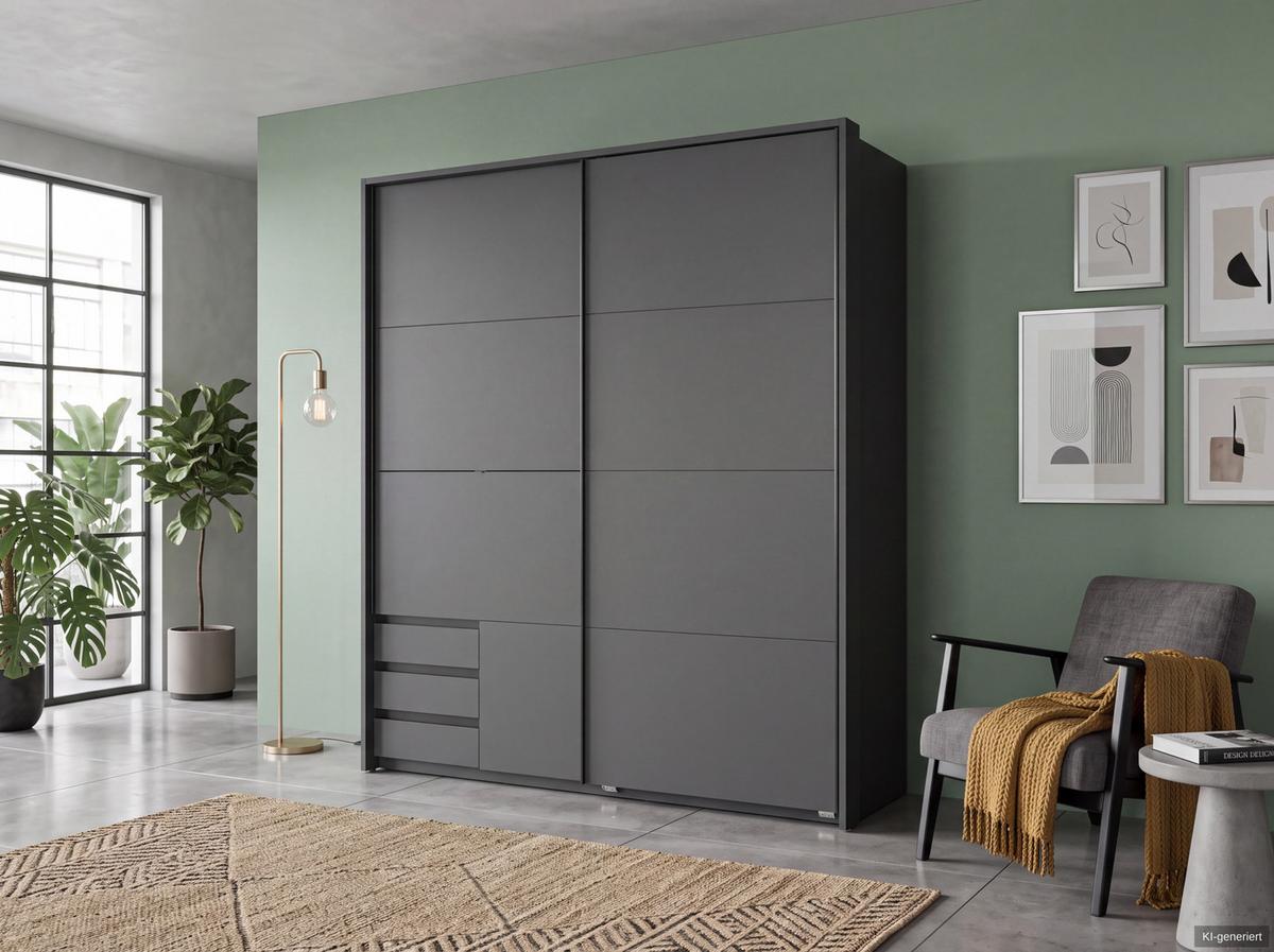 SCHWEBETÜRENSCHRANK 2-türig B183/H200/T65 cm, Passepartout-Kleiderschrank in Grafit mit sichtbaren Schubkästen / 22700 - Graphitfarben/Schwarz, Holz/Holzwerkstoff (183/200/65cm) - luma-home