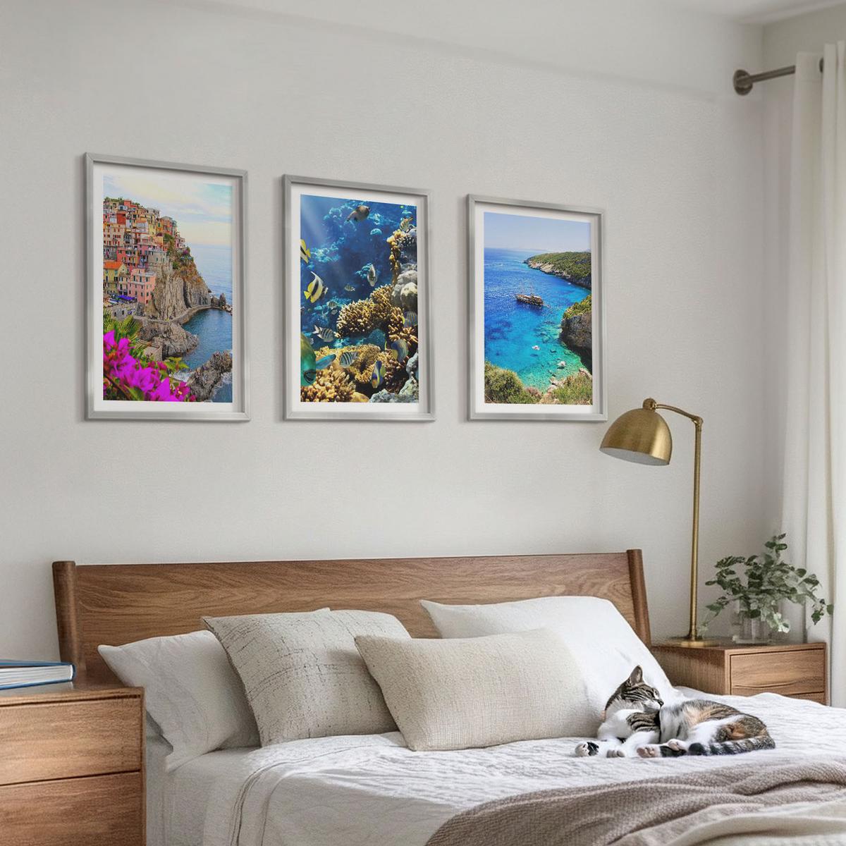 BILDER SET 3er Set - 40x60 cm Silberner Rahmen - Meerblick, farbenfrohe Häuser - Silberfarben, Kunststoff (40/60cm) - TULUP