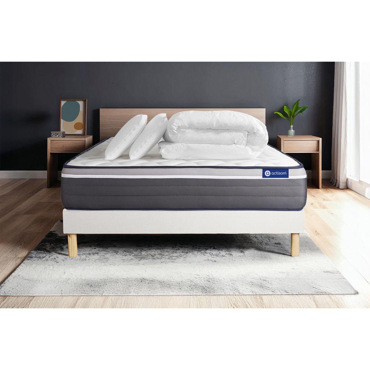 BETT Actimemo plus Memory-Schaum 140 x 200 cm h4 - Kit Bettgestell Weiß - Mit Kissen und Bettdecke - Beige/Weiß, Karton/Holz (140/200cm) - ACTISOM