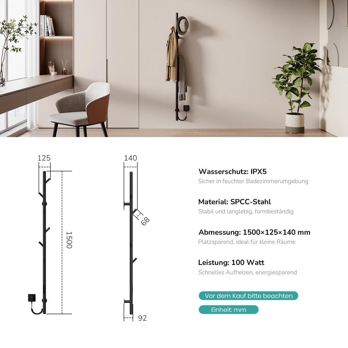 HANDTUCHHEIZKÖRPER Baumheizkörper WLAN Schwarz 150 cm - Schwarz, Metall (12.5/150/14cm) - EMKE
