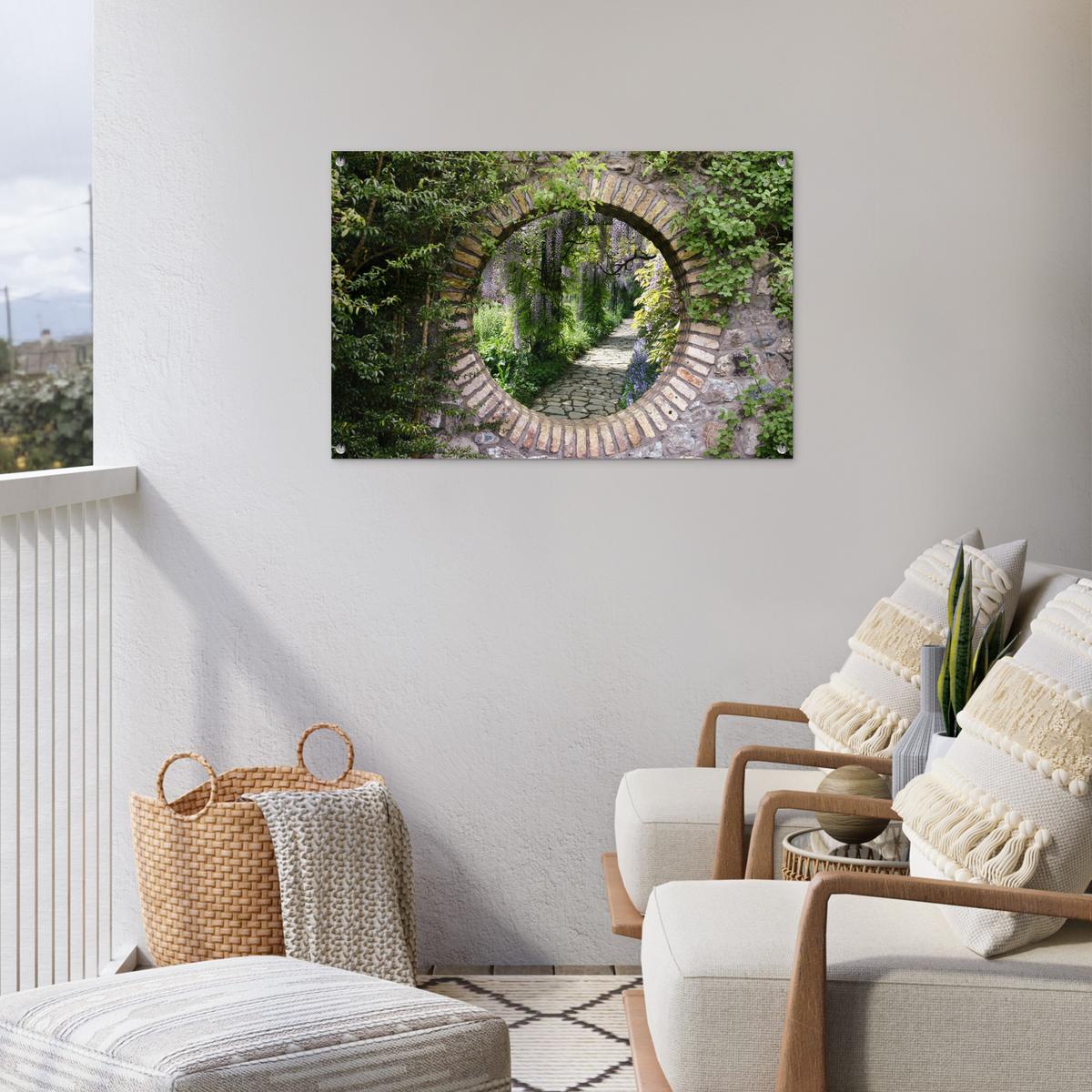 GARTENPOSTER Wald - Steine - Durchblick - Pfad - Glyzinie Gartendeko 90x60 cm - Graubraun, Kunststoff (90/60/0.2cm) - OnlyWow