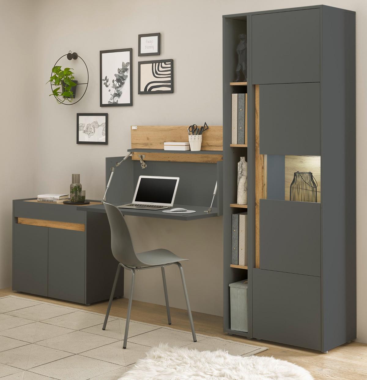 AKTENSCHRANK Grau, Eiche Wotan 50 x 200 cm, Büroschrank mit viel Stauraum und 5 OH - Eiche Wotan/Schwarz, Glas/Holzwerkstoff (50/200/40cm) - Furn.Design