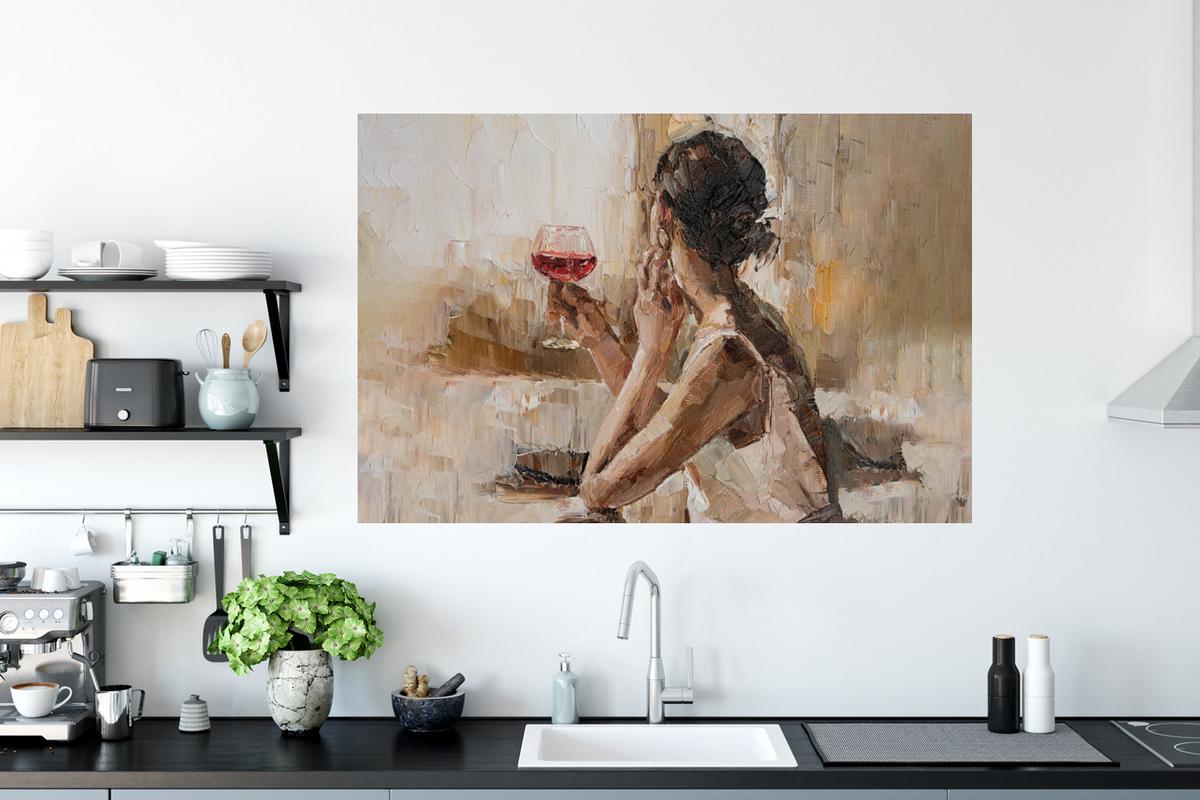 WANDTATTOO Ölgemälde - Frau - Wein Wandsticker 120x80 cm - Hellbraun, Kunststoff (120/80/0.1cm) - MuchoWow