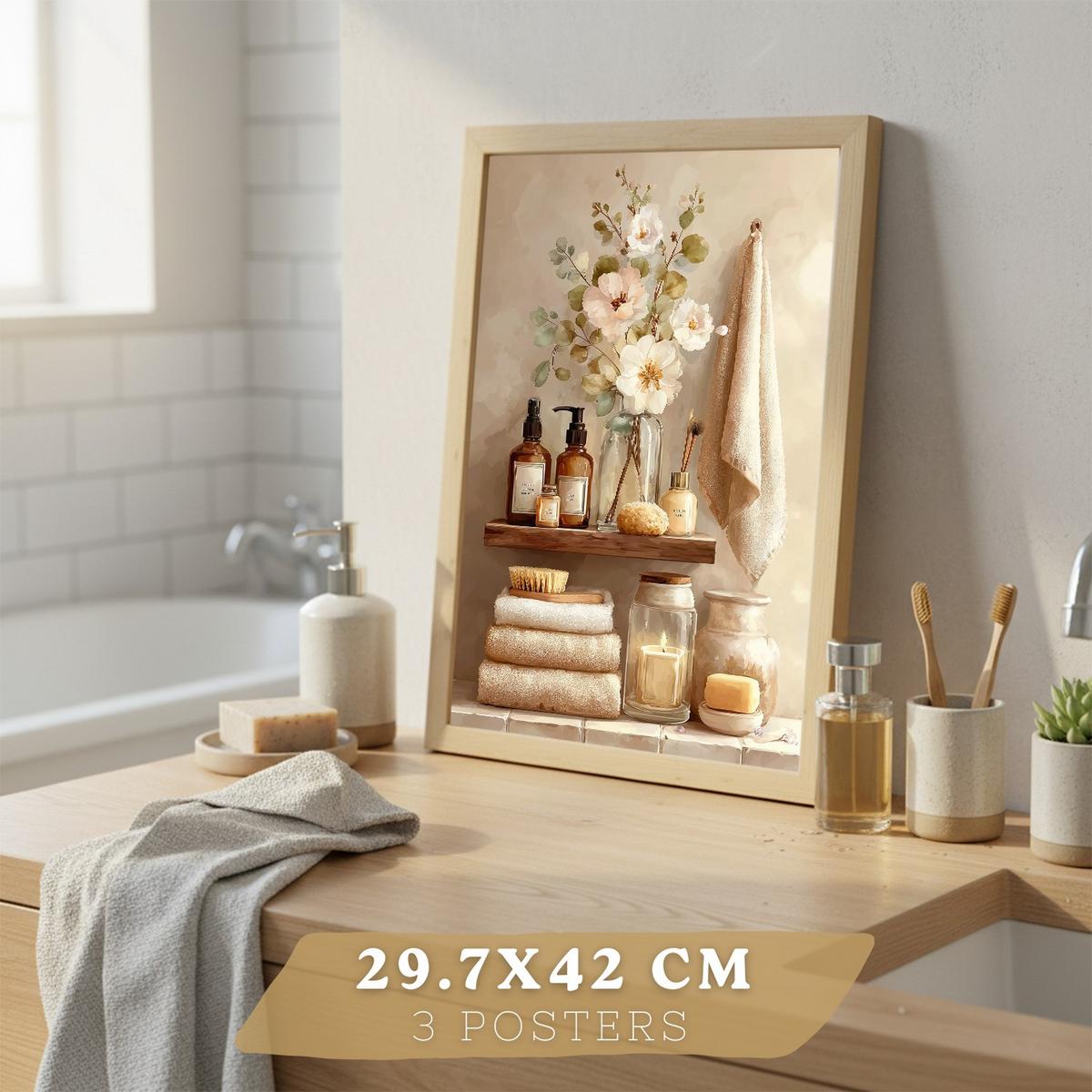 POSTER 3er-Set dekorative Badezimmerdrucke, gemütlicher Spa-Stil, Bilder mit Kerzen, Blumen und Handtüchern, entspannende, Leichter Holzrahmen A3 - Beige, Papier (42/29.7/3cm) - Nacnic