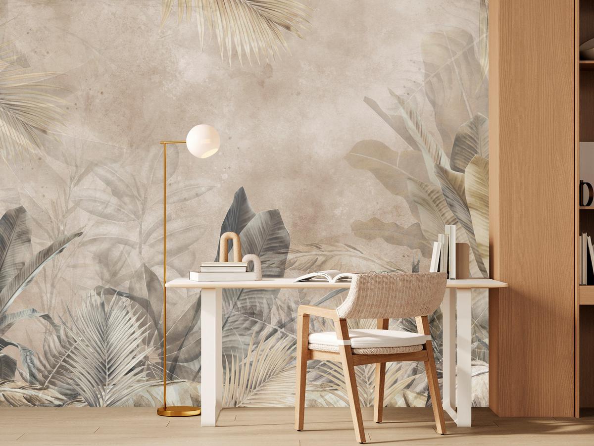 FOTOTAPETE für Schlafzimmer Bananenblätter auf Beton Tropisch Beige 500x350 - Beige/Braun, Papier (500/350cm) - Muralo