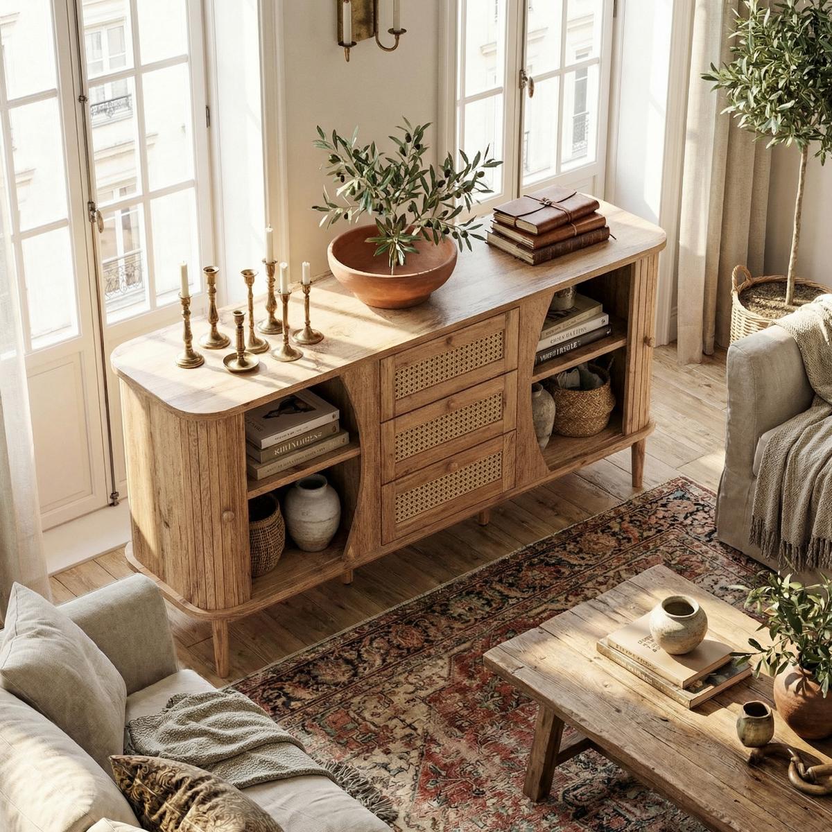 SIDEBOARD Rattan Kommode mit Schiebetüren, 140.5/40/76cm - Kirschbaumfarben, Holzwerkstoff (140/76/40cm) - Urban Meuble