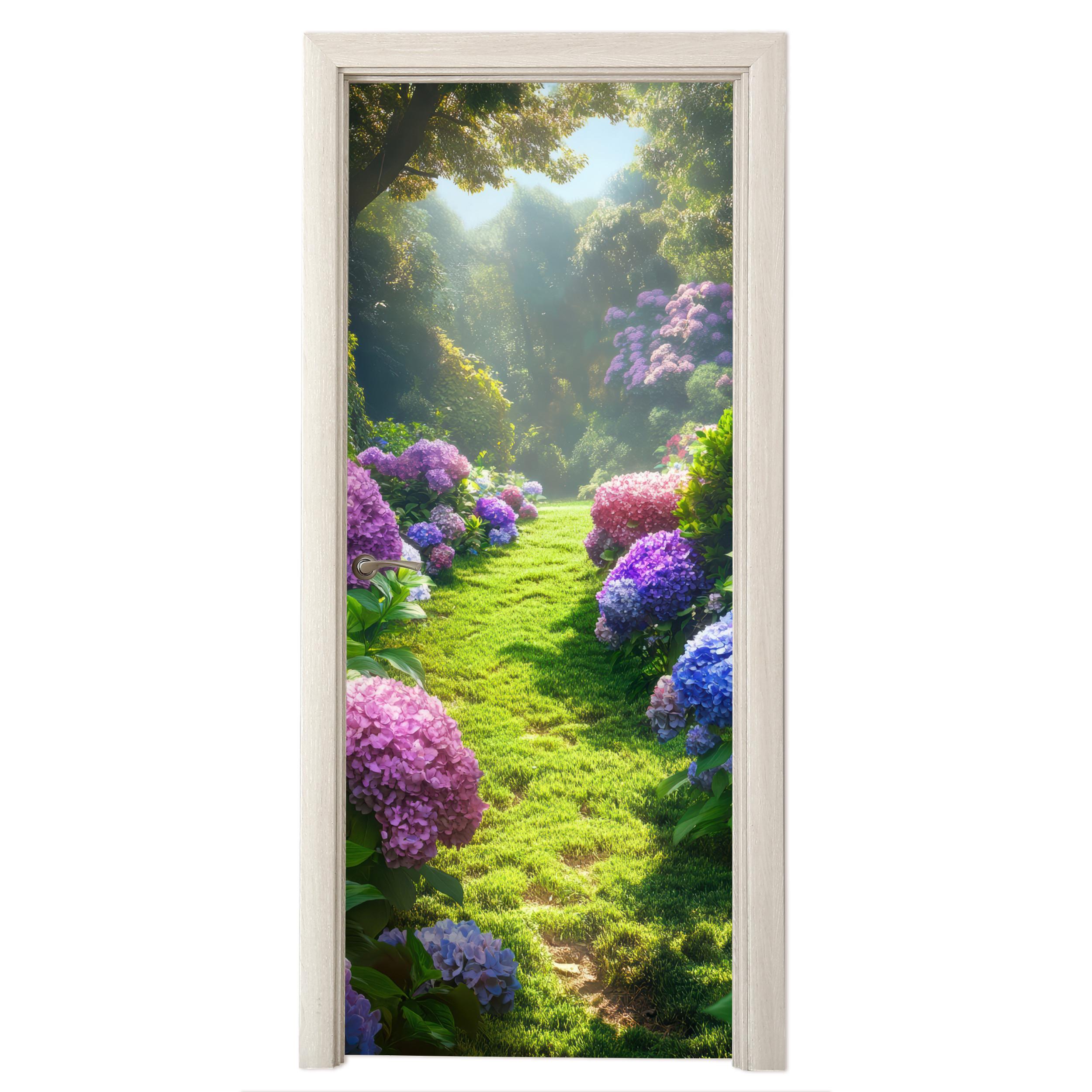 TÜRAUFKLEBER Natur - Hortensie - Blumen - Grün 85x215 cm - Türtapete - Hellgrün, Kunststoff (85/0.1cm) - MuchoWow