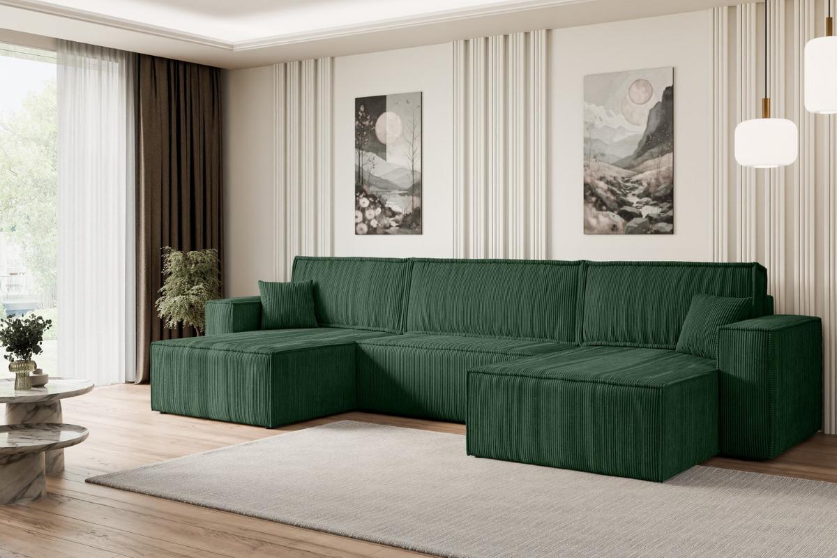 WOHNLANDSCHAFT mit Schlaffunktion und Bettkasten CELTIC-XLU - 377x143x83 cm Grün Cord - Schwarz/Grün, Holzwerkstoff/Kunststoff (377/83/143cm) - ALTDECOR