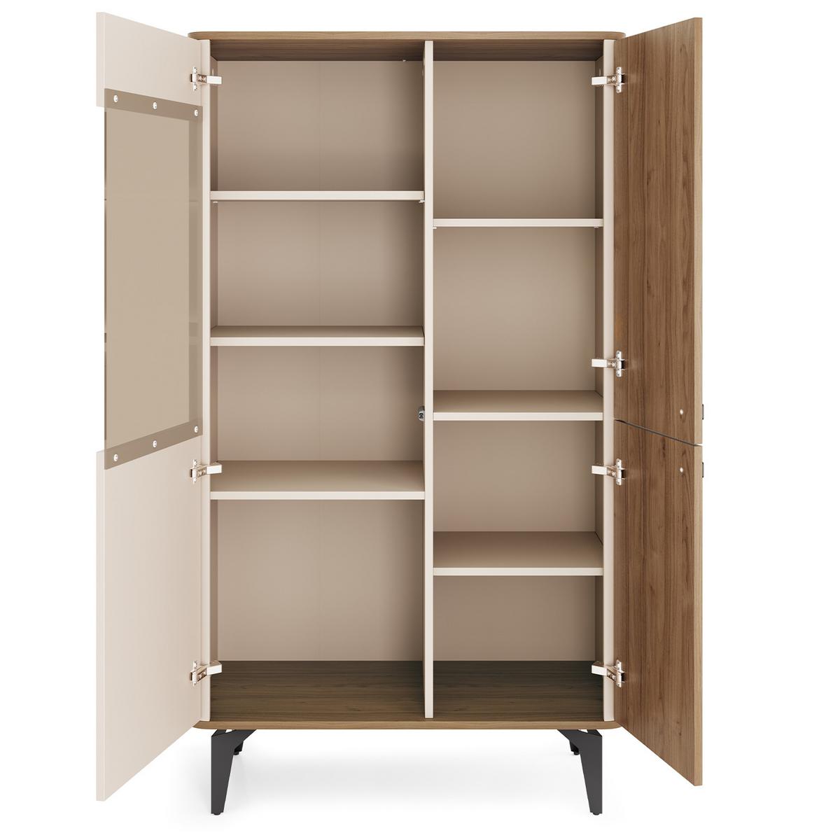 VITRINE Aurora Glasschrank mit Metallbeine, ohne LED-Beleuchtung, Nussbaum+Kaschmir - Kaschmir/Nussbaumfarben, Holzwerkstoff/Metall (88/190/40cm) - Beautysofa
