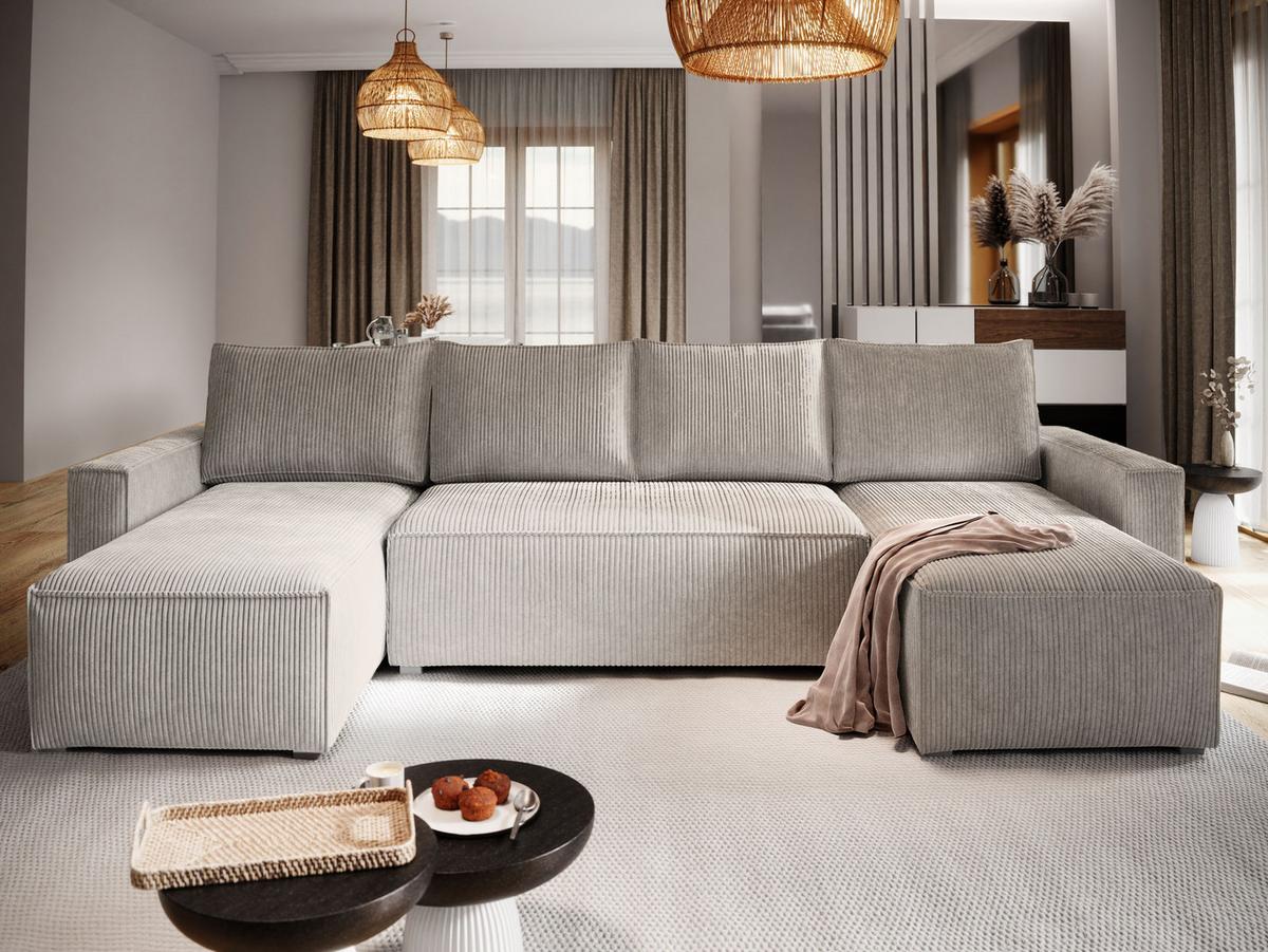 WOHNLANDSCHAFT ASPRA Creme Kordstoff mit Schlaffunktion - Creme/Grau, Holz/Kunststoff (295/85/140cm) - MASSENO