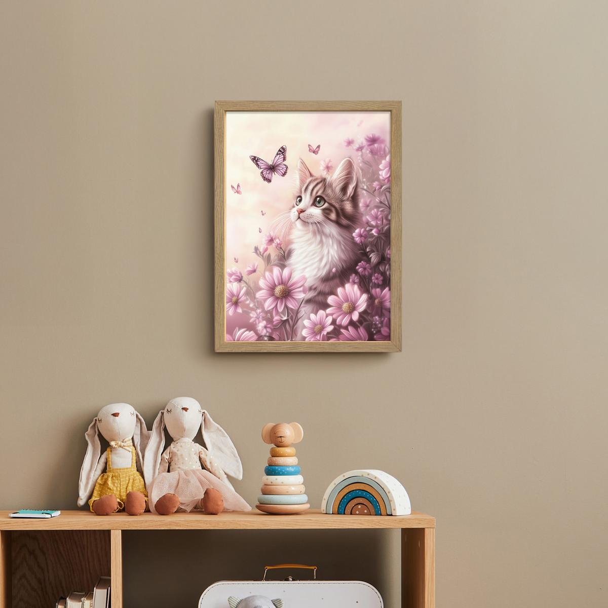 WANDLEUCHTE MIT AKKU Kätzchen - Blumen - Schmetterlinge - Lila 30x40 cm - Altrosa, Holzwerkstoff (30/40/8cm) - OnlyWow