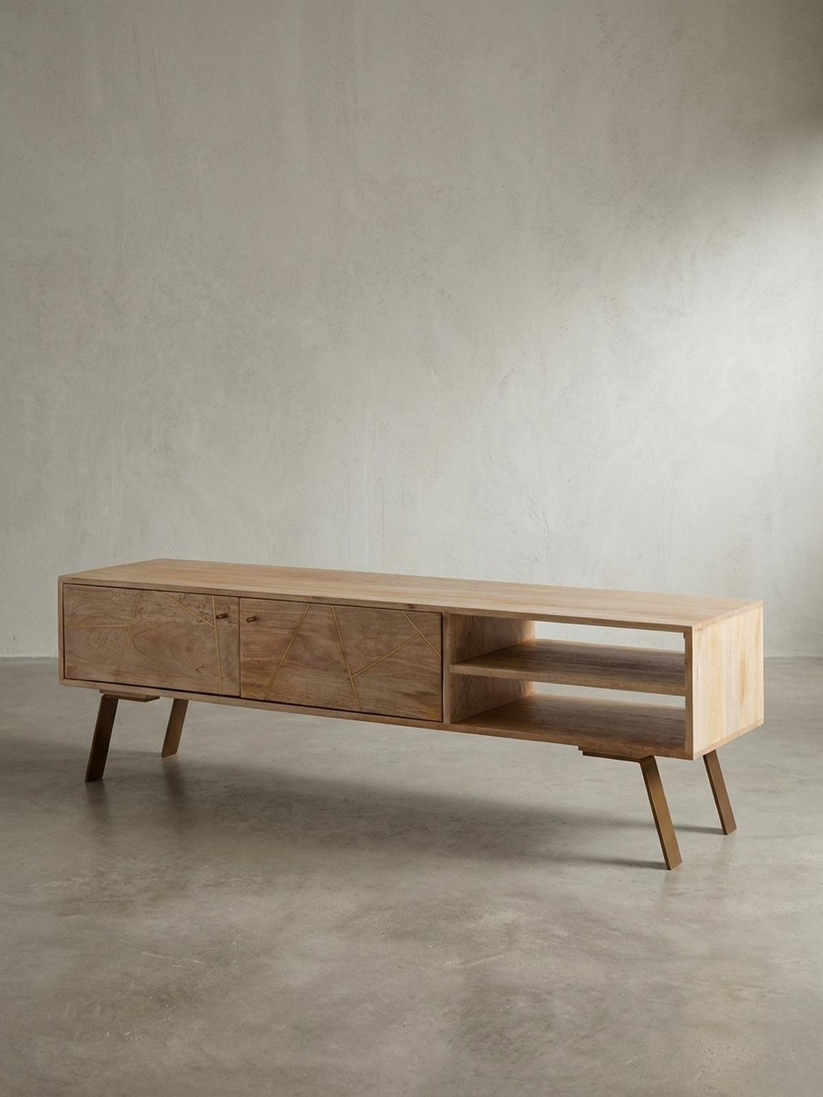 LOWBOARD Mango Massivholz Metall Landhausstil Modell Garda für Fernseher bis 55 Zoll - Goldfarben/Braun, Holz/Metall (145/47/35cm) - KADIMA DESIGN