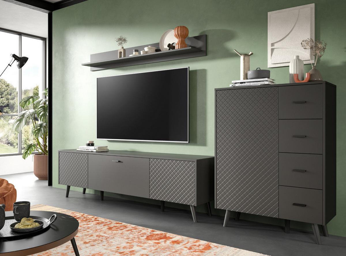 TV-LOWBOARD grau matt 185 cm, TV-Unterteil mit Struktur - Schwarz/Grau, Holzwerkstoff/Metall (185/55/40cm) - Inn.Furn