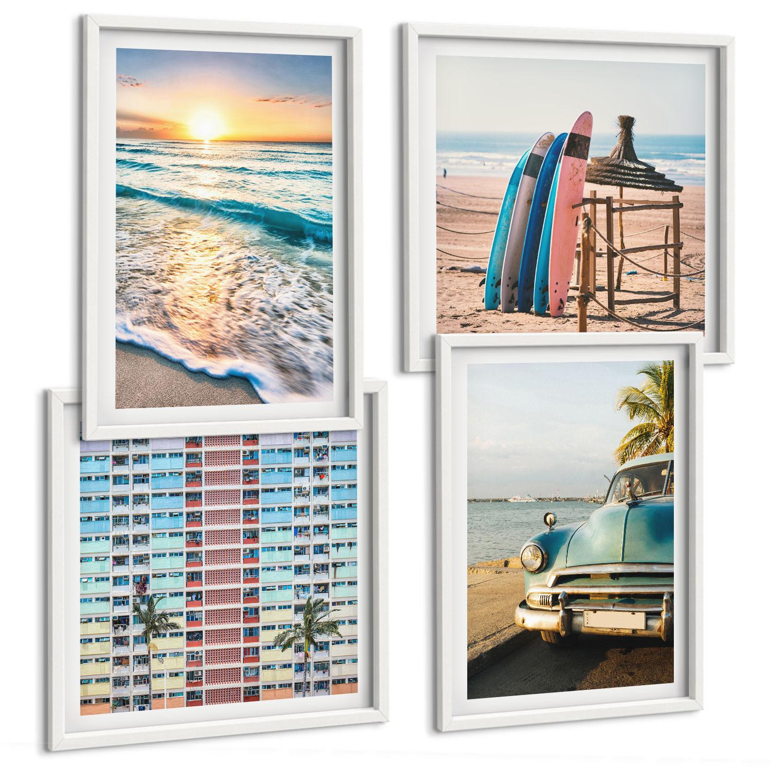 BILDER SET 4er Set - 50x50 cm & 40x60 cm Weißer Rahmen - Sonnenuntergang in Miami - Weiß, Kunststoff (50/50cm) - TULUP