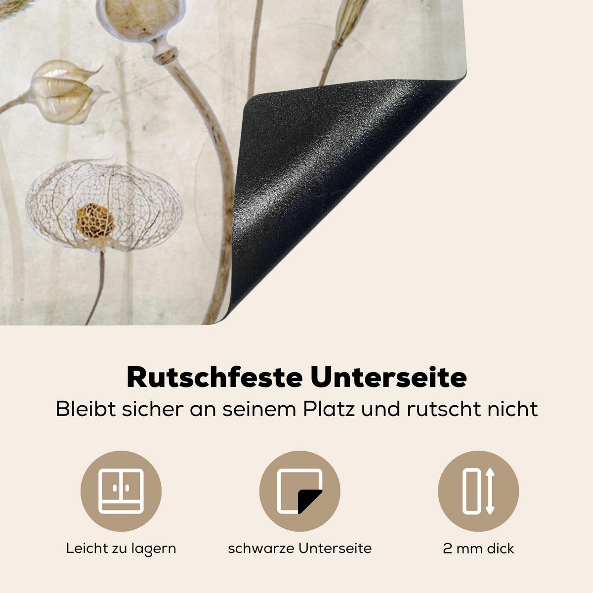 HERDABDECKPLATTE Blumen - Aquarell - Stilleben - Braun - Vintage Induktionsschutz 81.6x52.7 cm - Sandfarben, Kunststoff (81.6/52.7/0.2cm) - MuchoWow