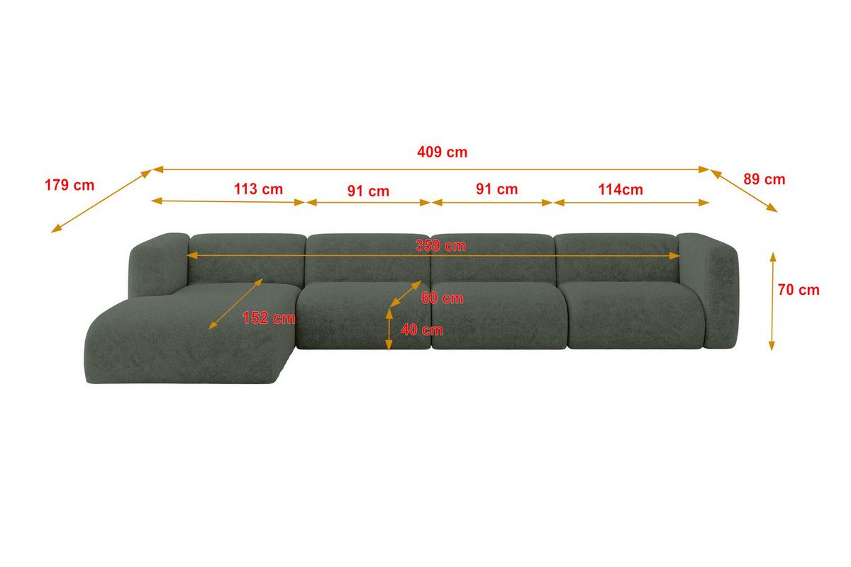 ECKSOFA Ottomane Links MIRA-L3 409x179x70 Grün Velours - Schwarz/Grün, Holzwerkstoff/Kunststoff (409/179cm) - ALTDECOR