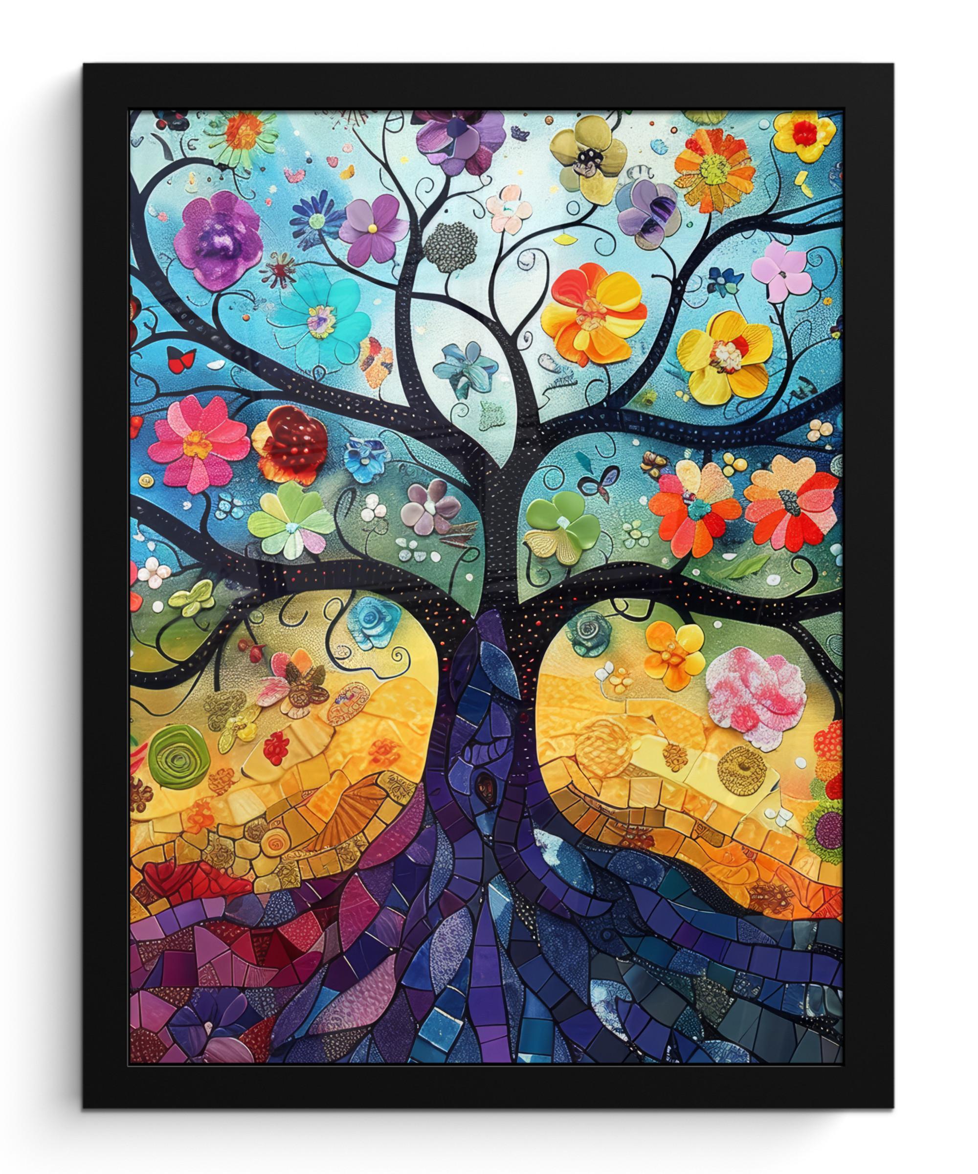 POSTER MIT RAHMENGERAHMTES BILD Kunst - Baum des Lebens - Blumen - Hippie Bilderrahmen 30x40 cm - Dunkelblau, Papier (30/40cm) - MuchoWow