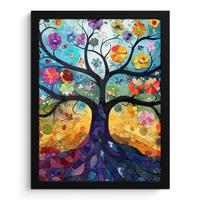 POSTER MIT RAHMENGERAHMTES BILD Kunst - Baum des Lebens - Blumen - Hippie Bilderrahmen 30x40 cm - Dunkelblau, Papier (30/40cm) - MuchoWow