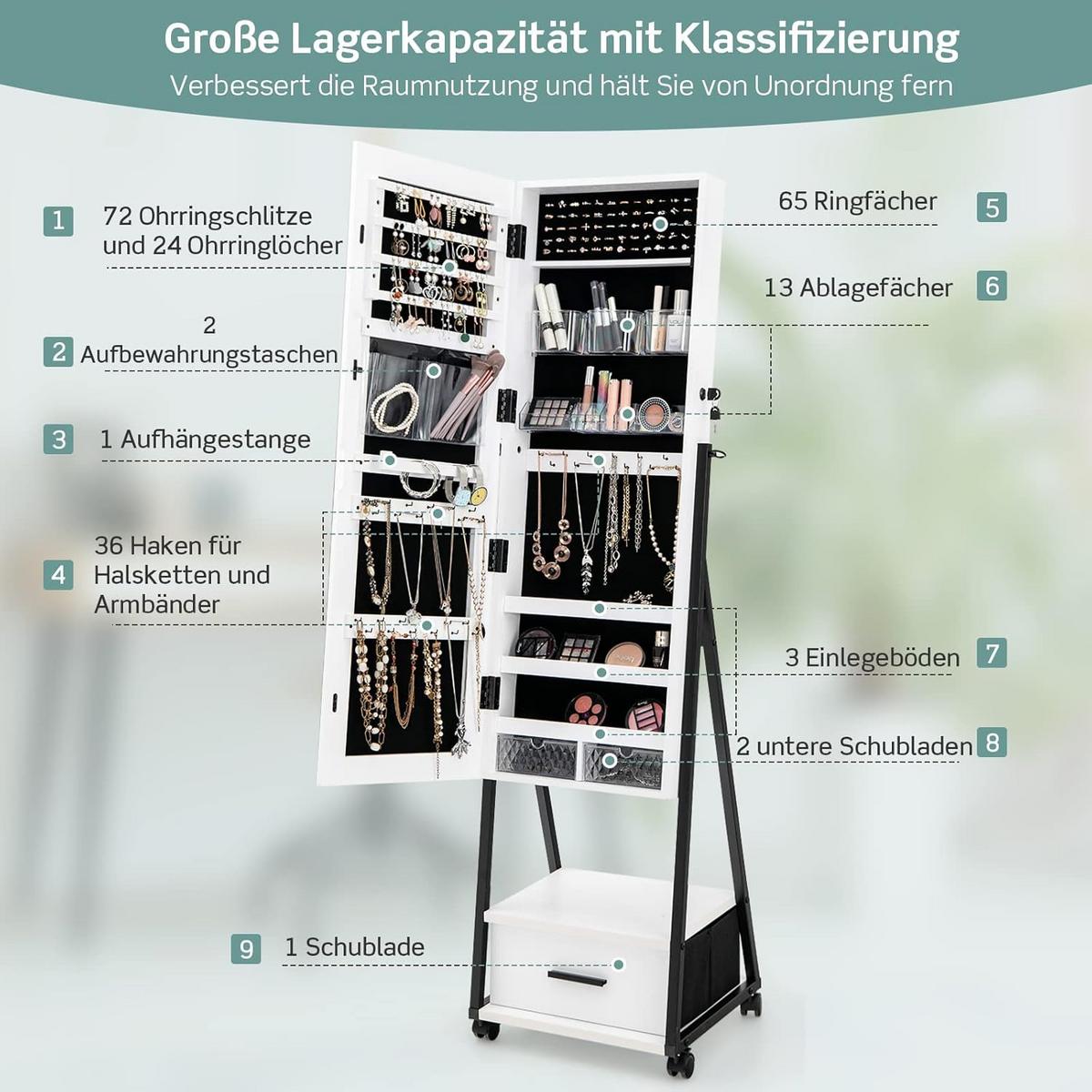 SCHMUCKSCHRANK mit Spiegel Weiß - Weiß, Metall (42/157/38cm) - COSTWAY
