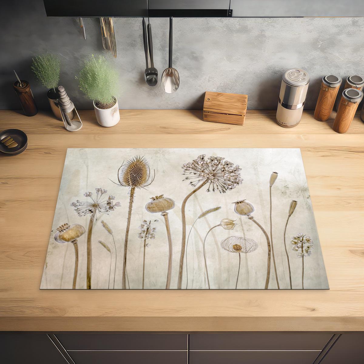 HERDABDECKPLATTE Blumen - Aquarell - Stilleben - Braun - Vintage Herdabdeckung Induktionsfeld 75x52 cm - Sandfarben, Kunststoff (75/52/0.2cm) - MuchoWow